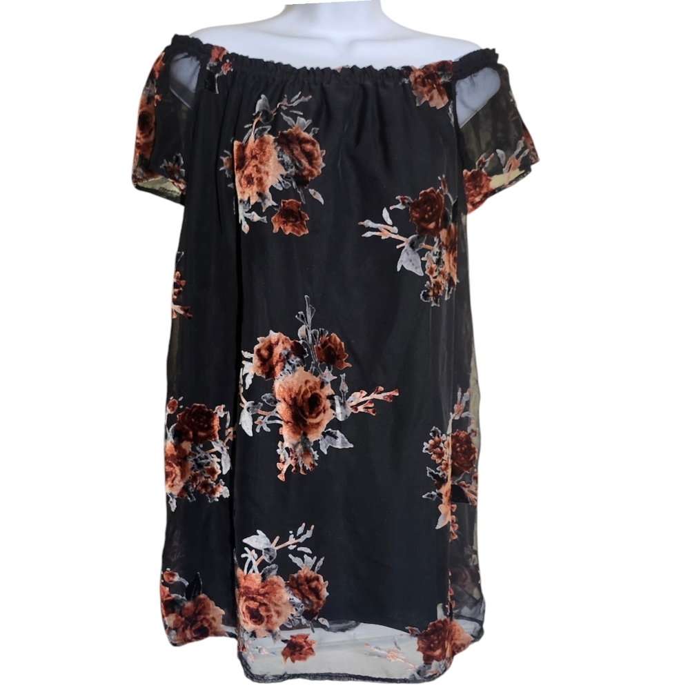 Velvet Burnout Off Shoulder peasant Mini Dress Dark Floral Xhiliration size sma…